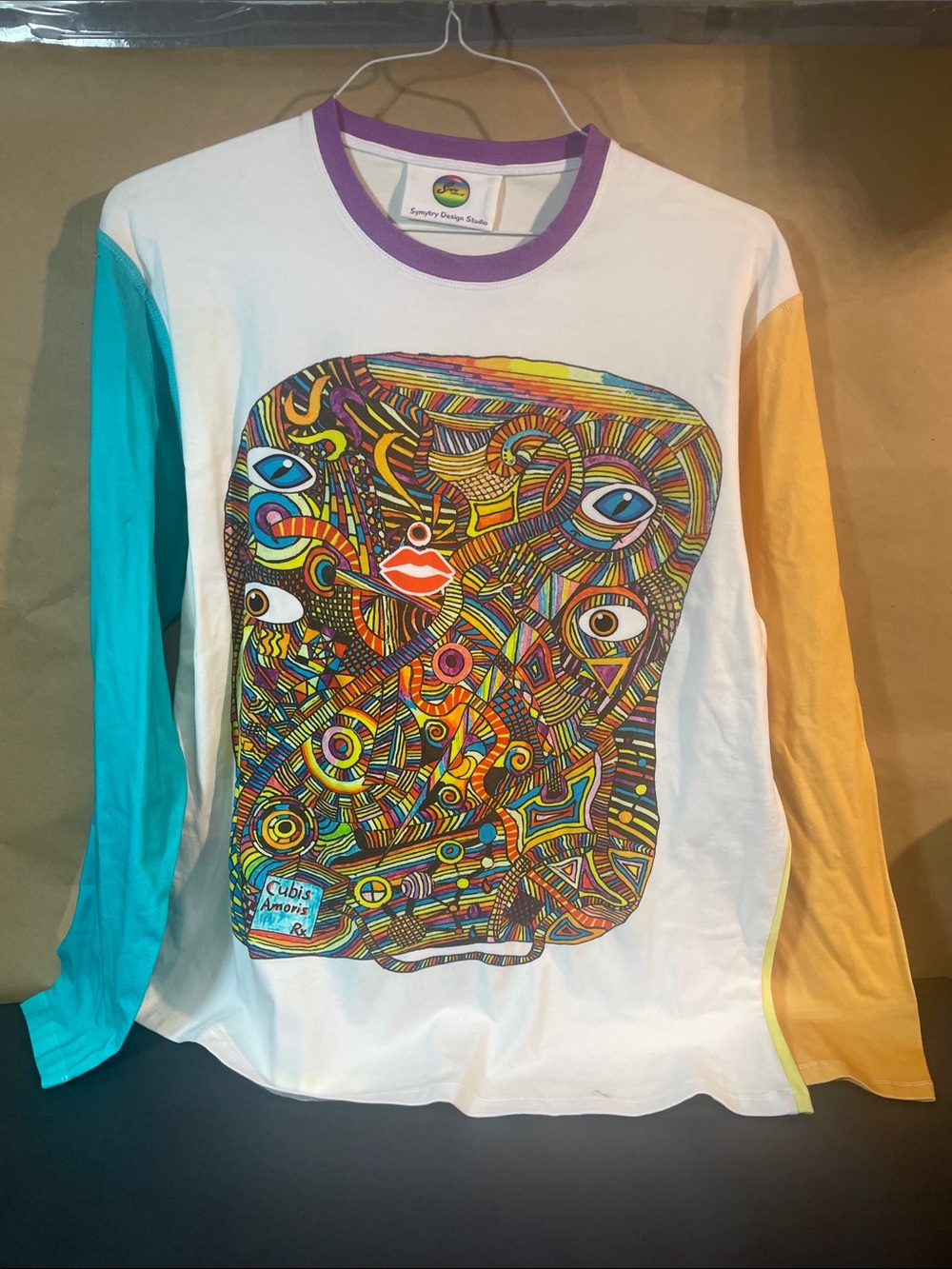 Colorblock Long Sleeve Graphic Tee - White with Teal & Mustard Sleeves